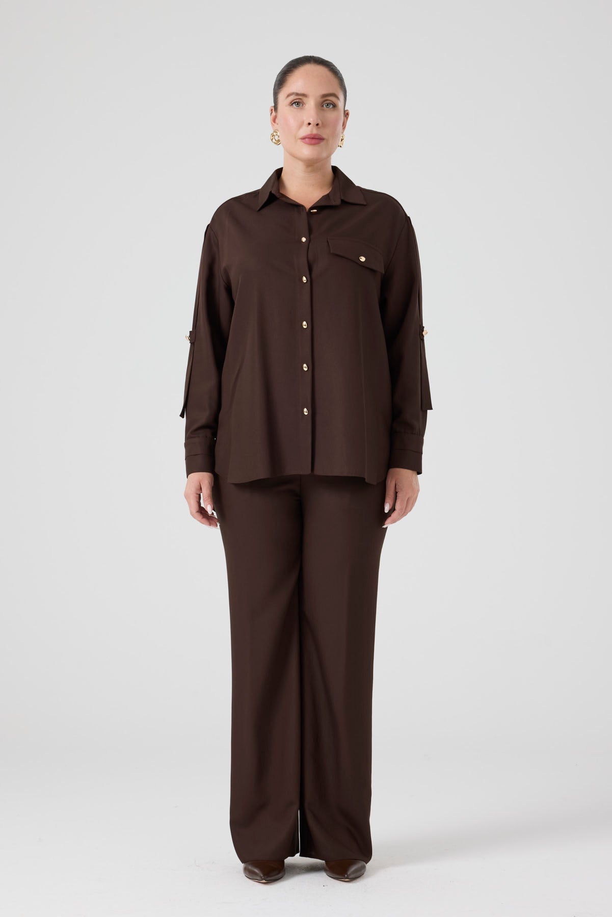 Viskon Gömlek Pantolon Takım Kahve