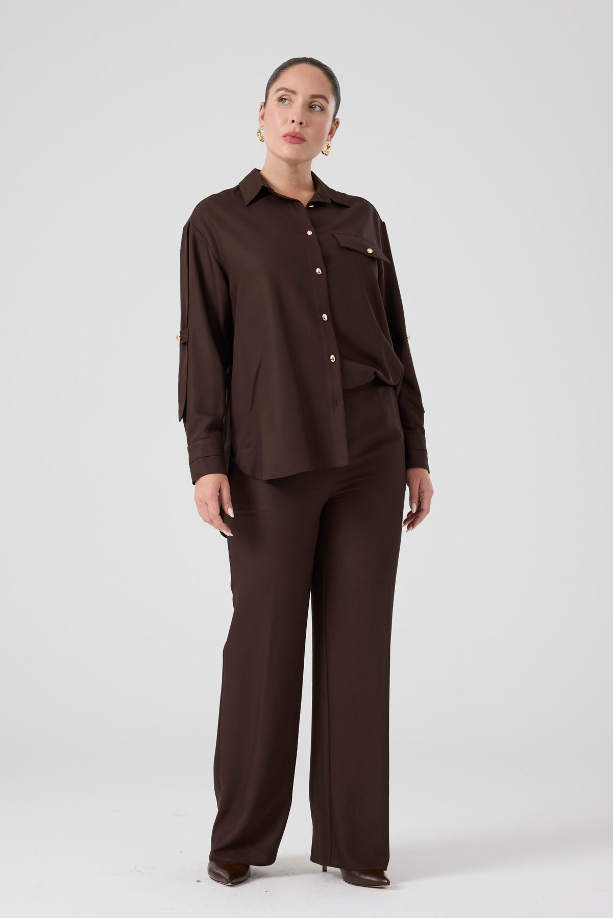 Viskon Gömlek Pantolon Takım Kahve