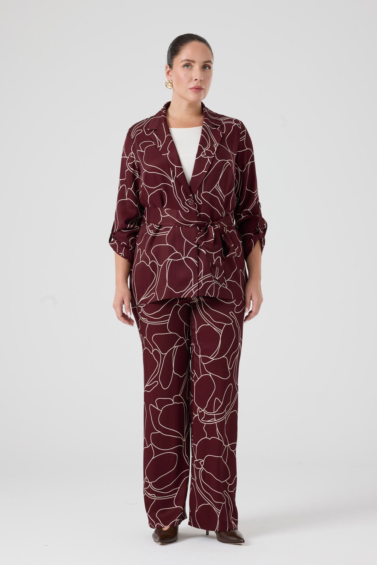 Desenli Pantolonlu Üçlü Takım Bordo