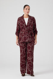 Desenli Pantolonlu Üçlü Takım Bordo