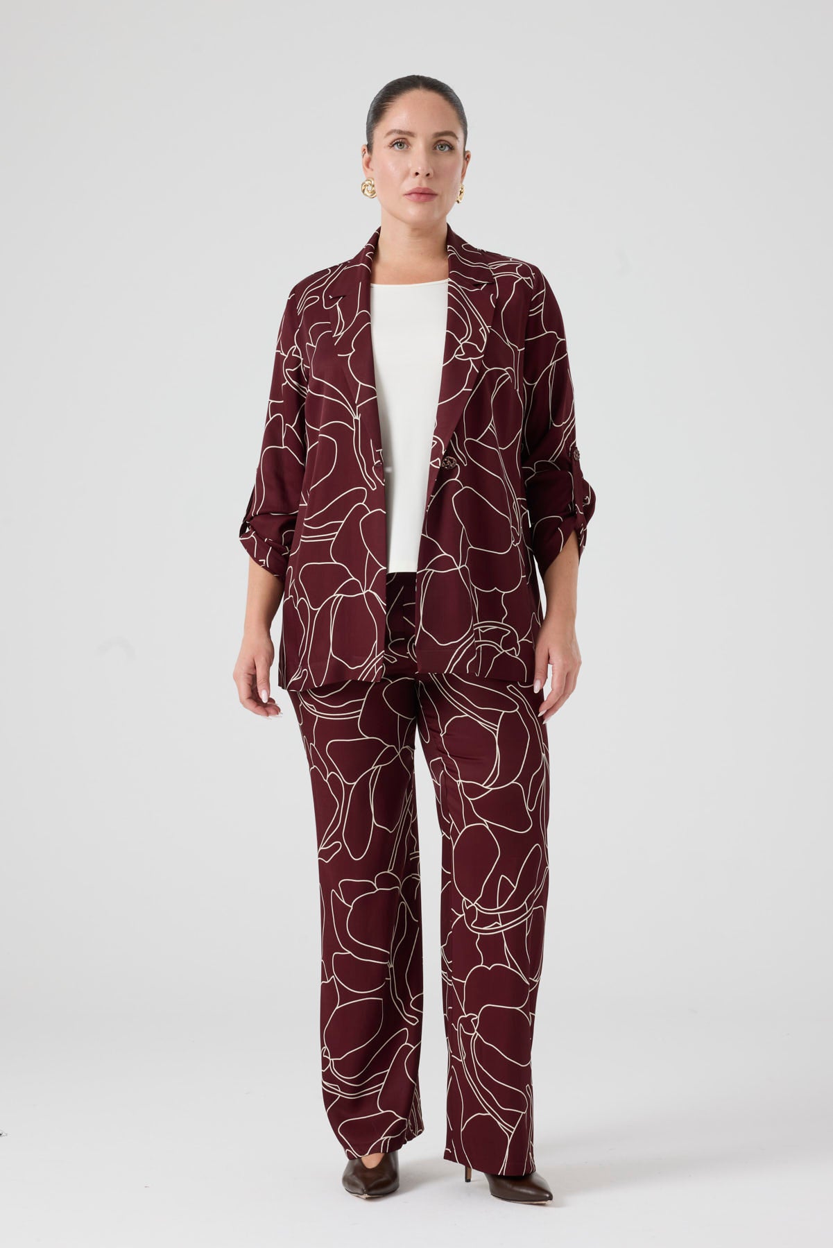 Desenli Pantolonlu Üçlü Takım Bordo