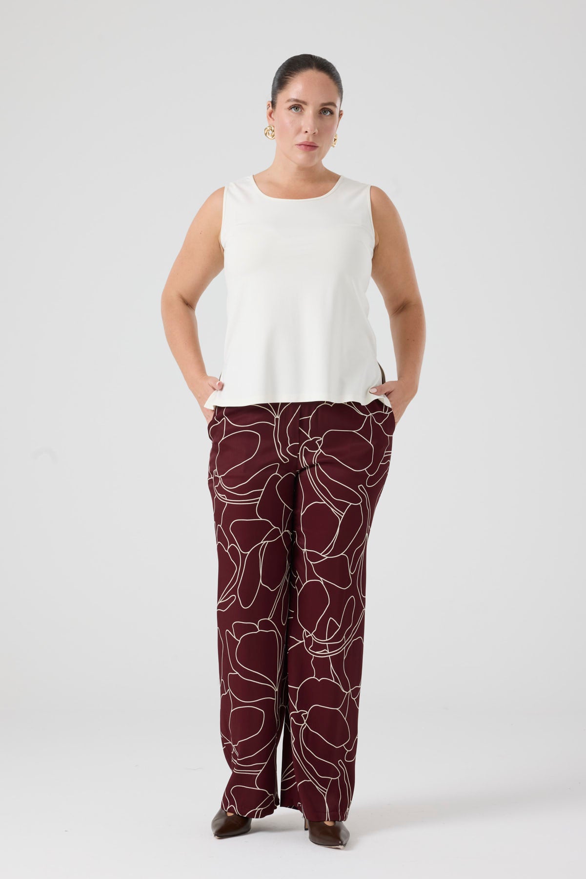 Desenli Pantolonlu Üçlü Takım Bordo