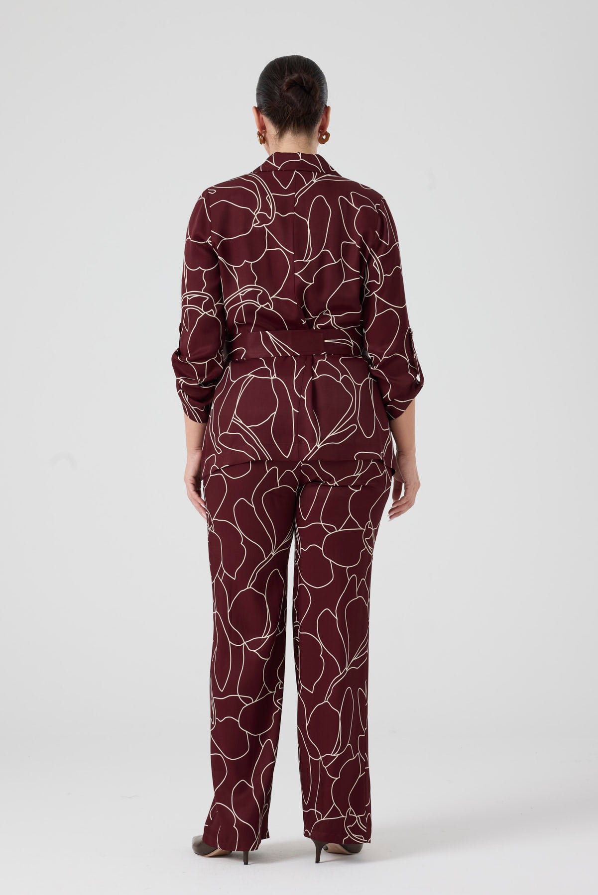 Desenli Pantolonlu Üçlü Takım Bordo