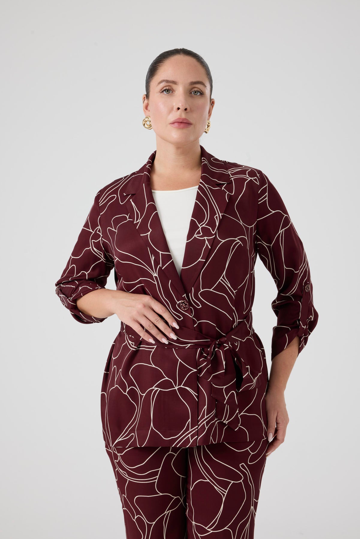 Desenli Pantolonlu Üçlü Takım Bordo