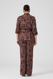 Desenli Pantolonlu Üçlü Takım Kahve