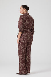 Desenli Pantolonlu Üçlü Takım Kahve