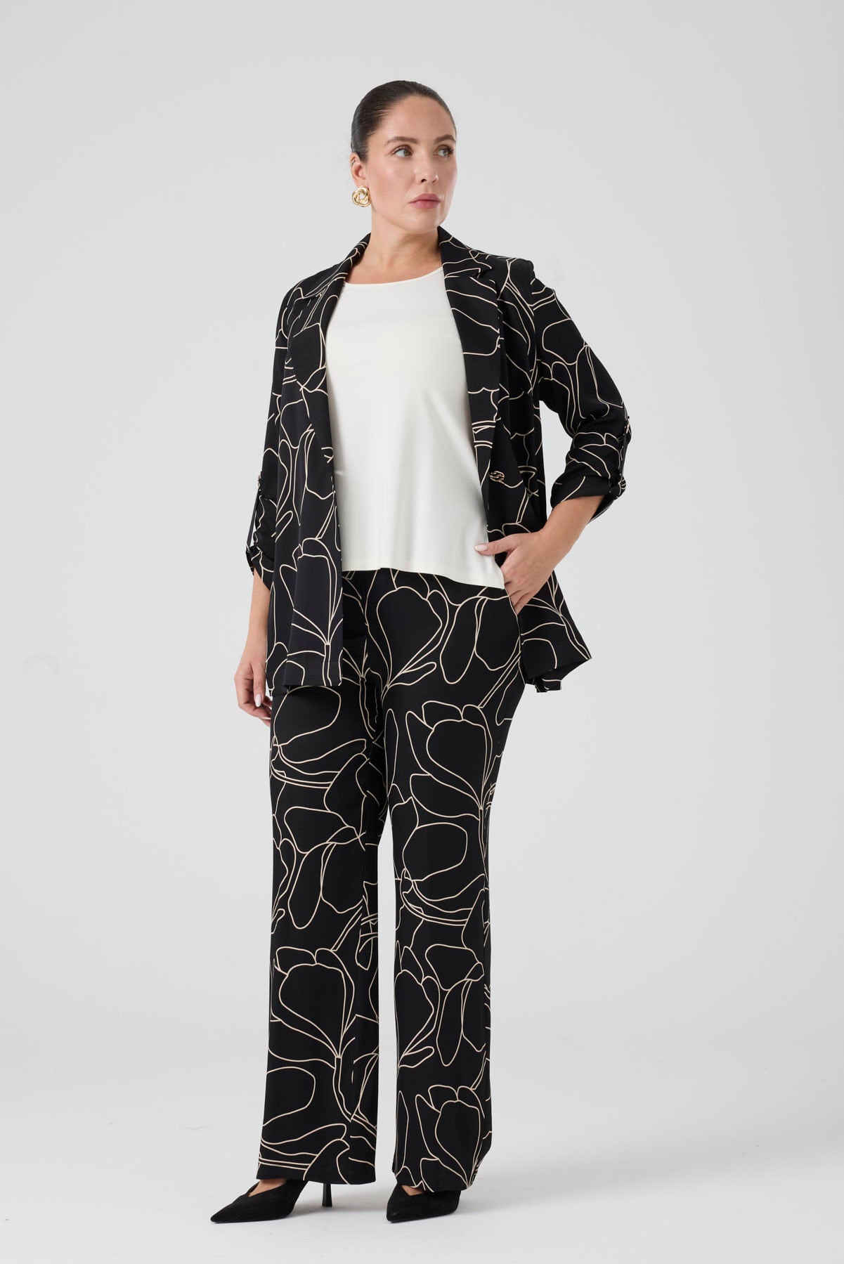 Desenli Pantolonlu Üçlü Takım Siyah