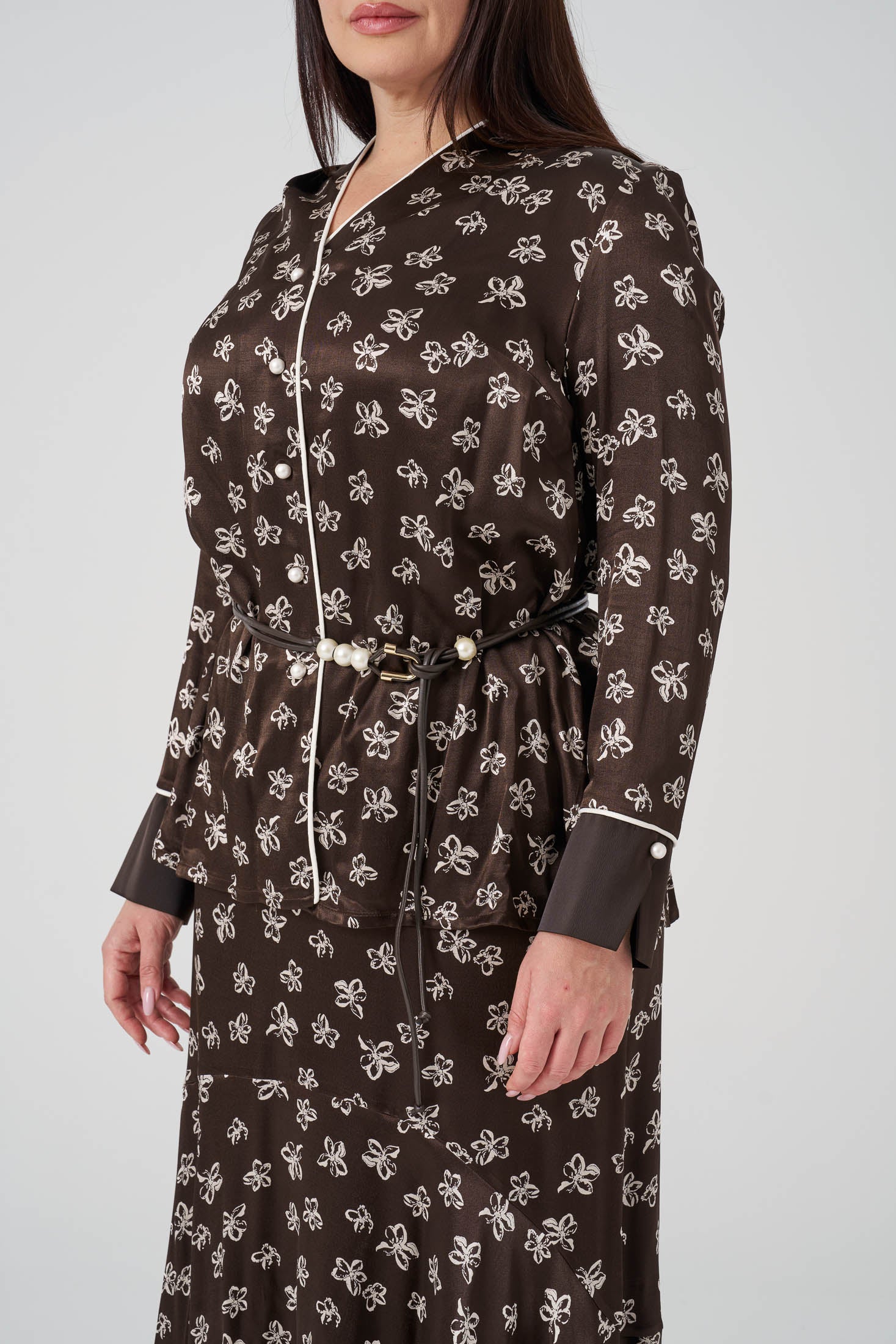 Çiçek Desenli Gömlek Etek Takım Kahve