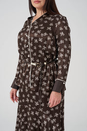 Çiçek Desenli Gömlek Etek Takım Kahve