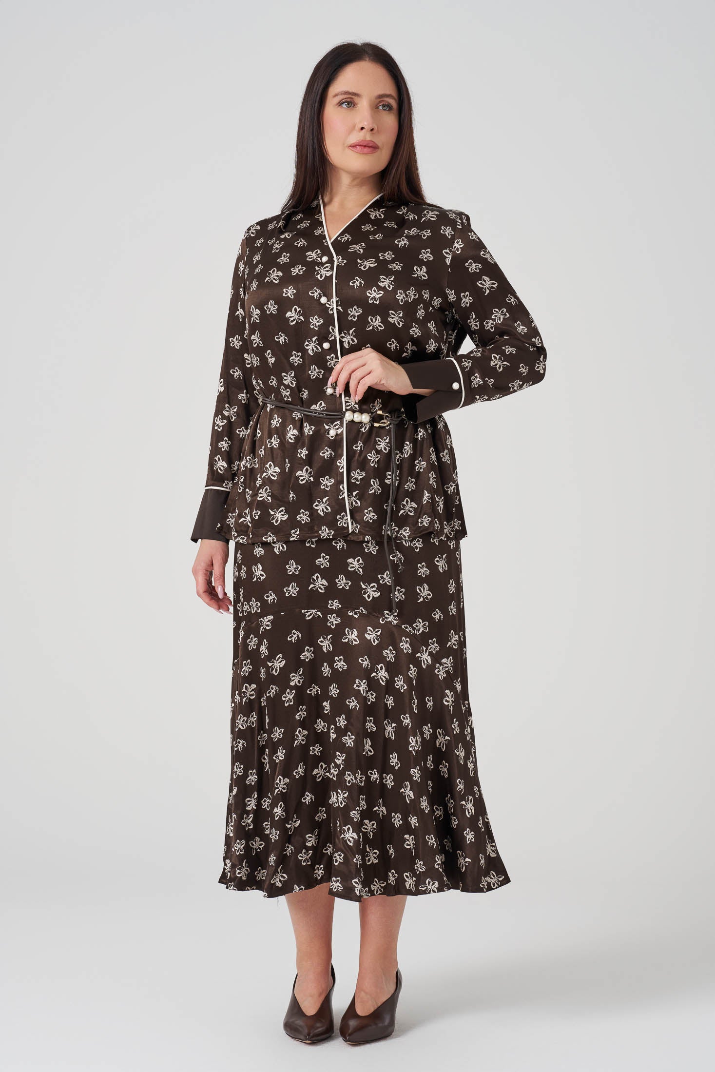 Çiçek Desenli Gömlek Etek Takım Kahve