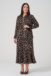 Çiçek Desenli Gömlek Etek Takım Kahve