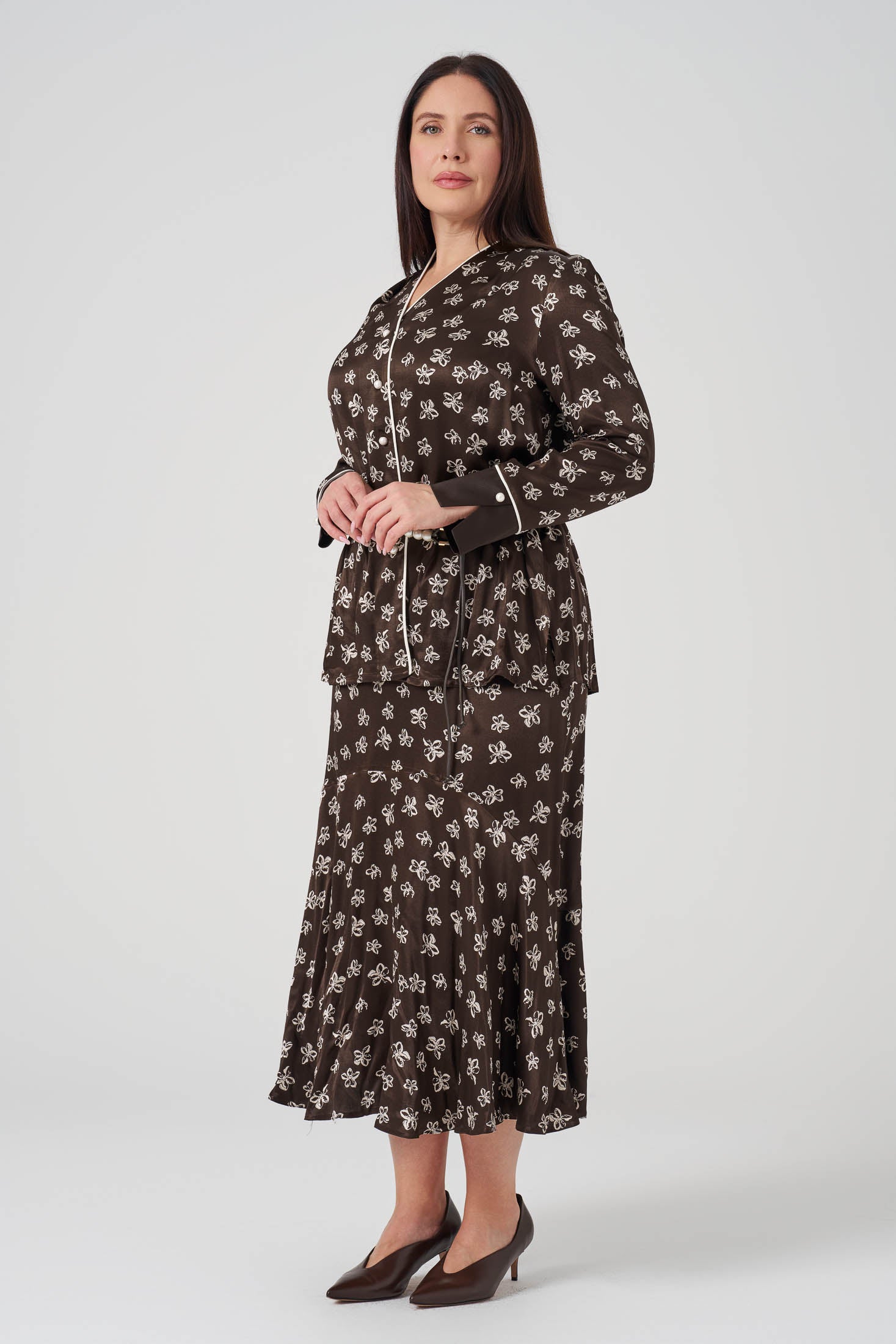 Çiçek Desenli Gömlek Etek Takım Kahve