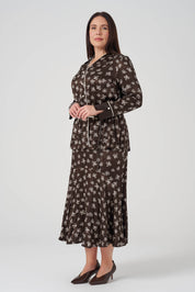 Çiçek Desenli Gömlek Etek Takım Kahve