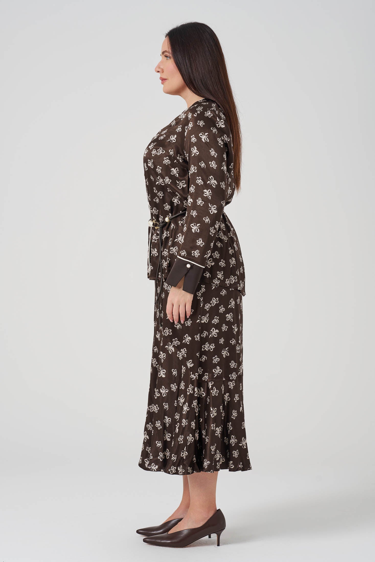 Çiçek Desenli Gömlek Etek Takım Kahve