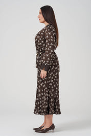 Çiçek Desenli Gömlek Etek Takım Kahve