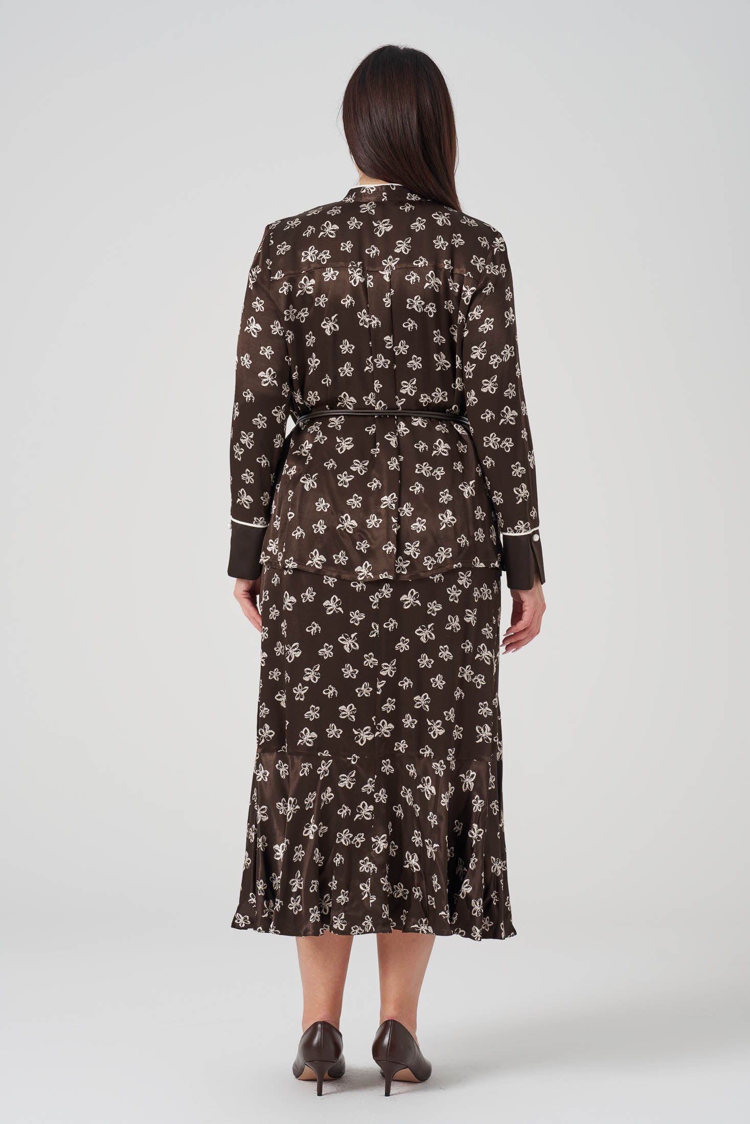 Çiçek Desenli Gömlek Etek Takım Kahve