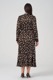 Çiçek Desenli Gömlek Etek Takım Kahve