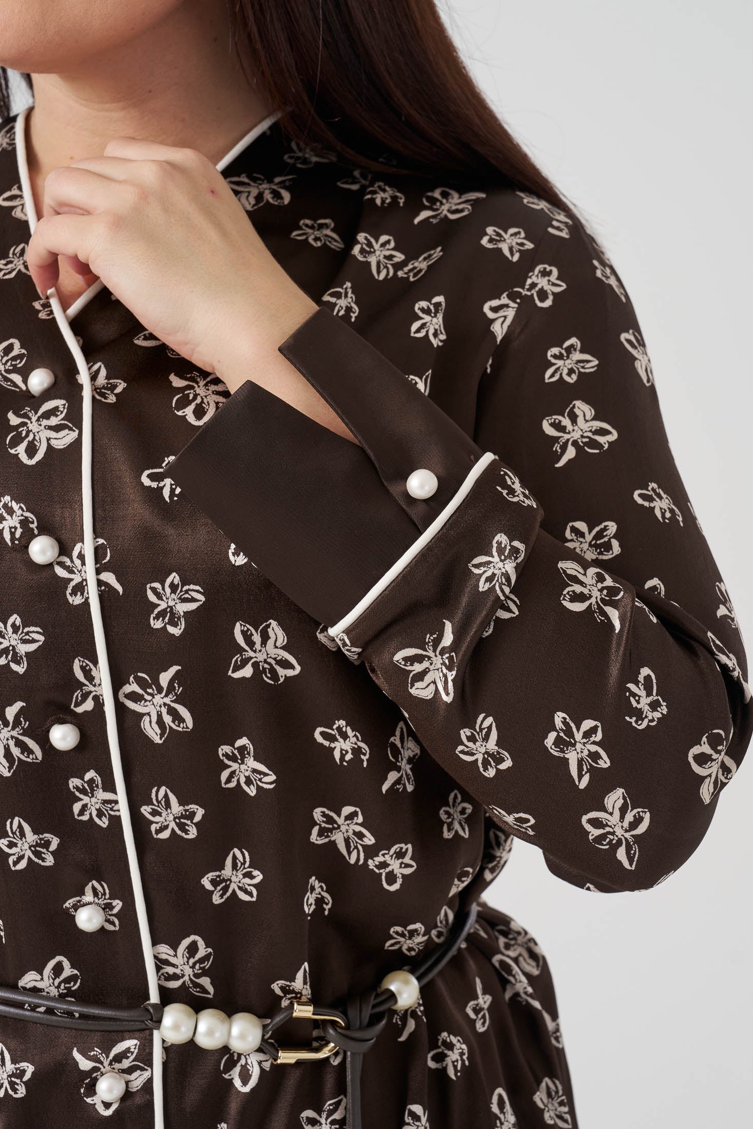 Çiçek Desenli Gömlek Etek Takım Kahve