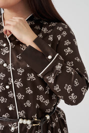 Çiçek Desenli Gömlek Etek Takım Kahve