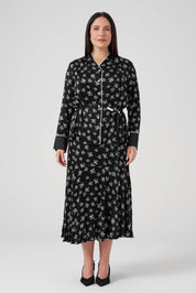 Çiçek Desenli Gömlek Etek Takım Siyah