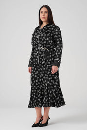 Çiçek Desenli Gömlek Etek Takım Siyah