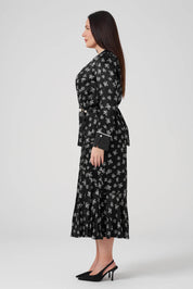 Çiçek Desenli Gömlek Etek Takım Siyah