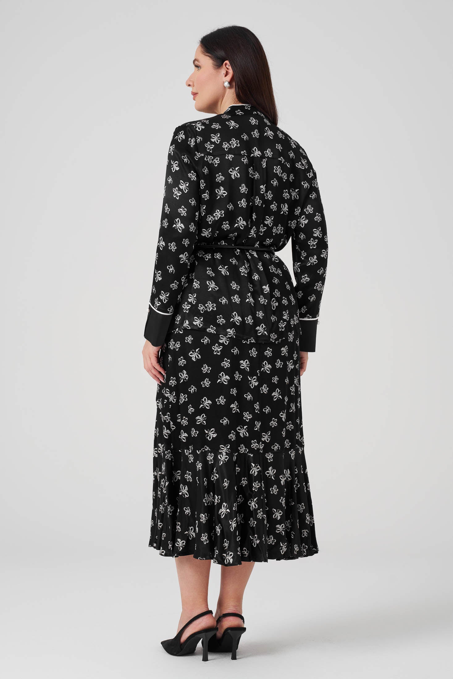 Çiçek Desenli Gömlek Etek Takım Siyah