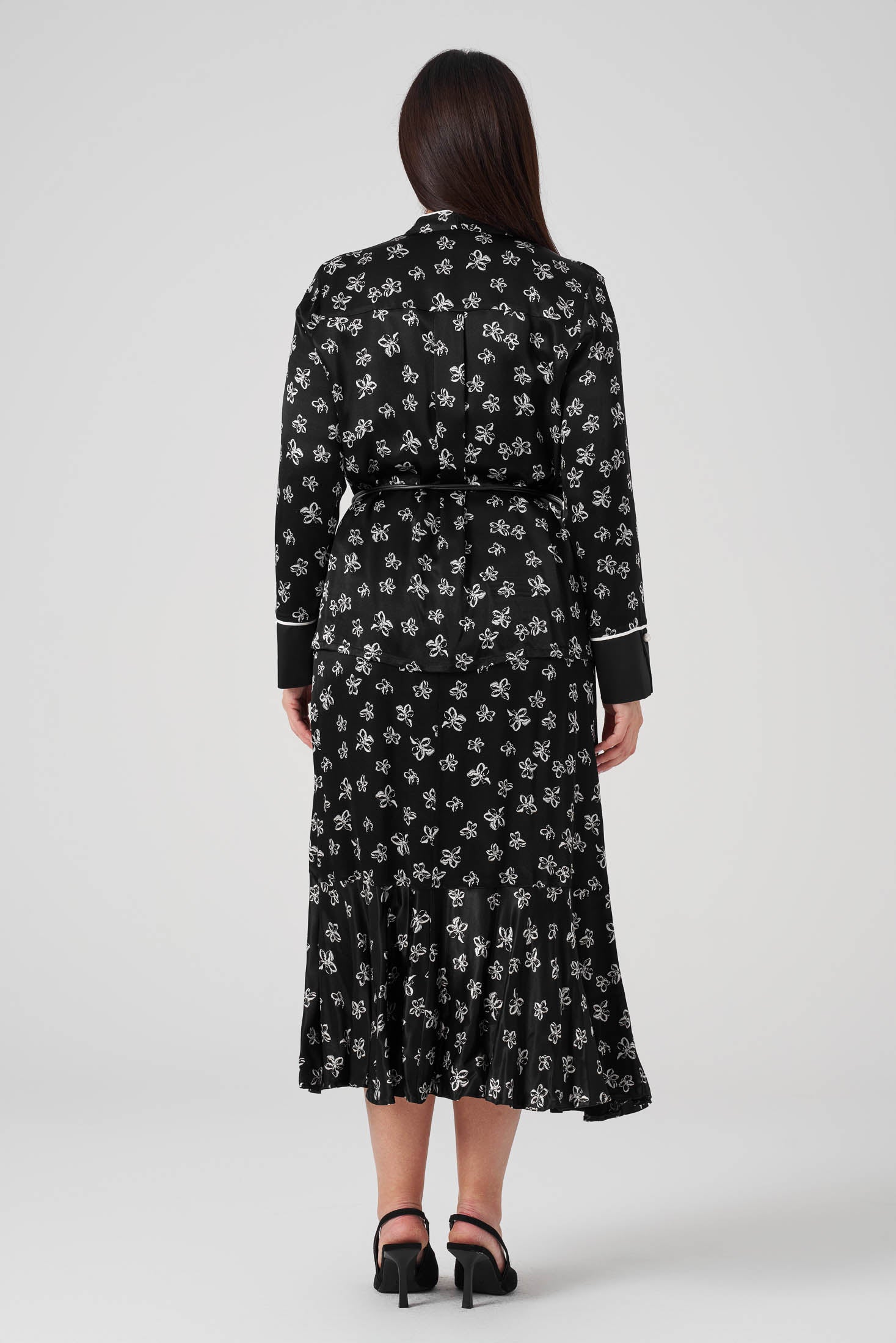 Çiçek Desenli Gömlek Etek Takım Siyah