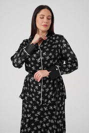 Çiçek Desenli Gömlek Etek Takım Siyah