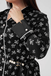 Çiçek Desenli Gömlek Etek Takım Siyah