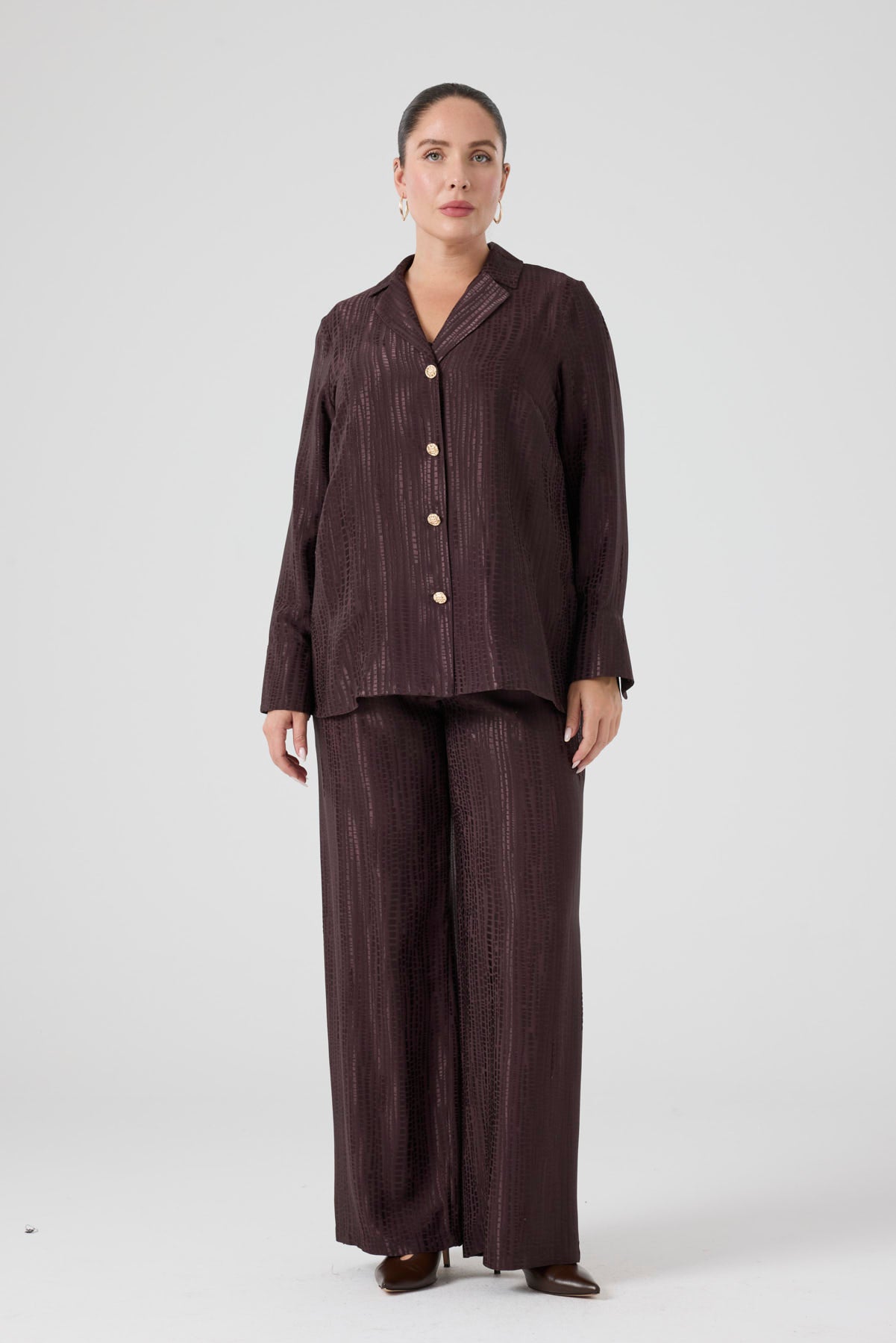 Jakarlı Floş Viskon Üçlü Takım Kahve