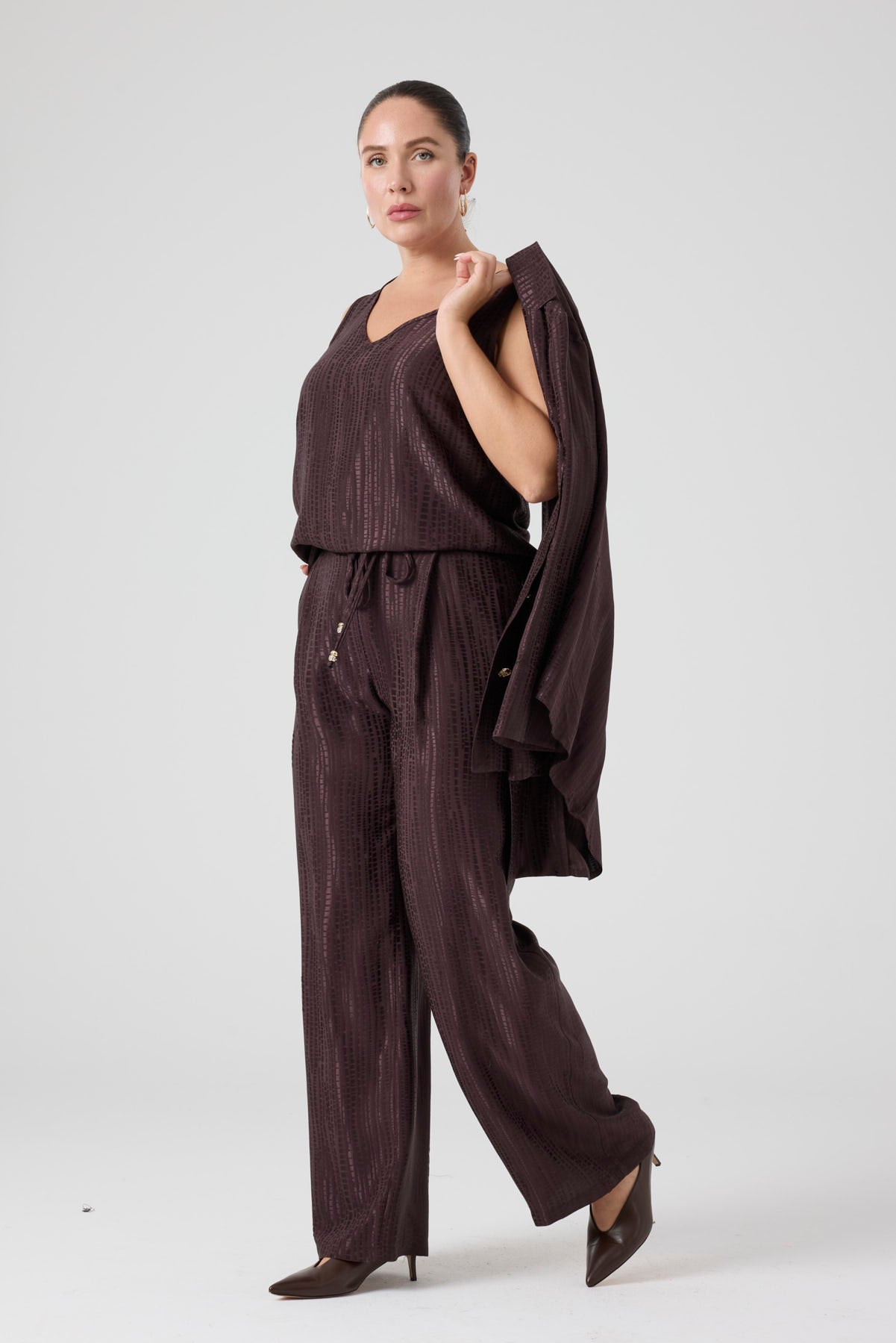 Jakarlı Floş Viskon Üçlü Takım Kahve