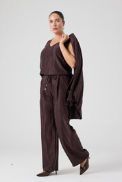 Jakarlı Floş Viskon Üçlü Takım Kahve