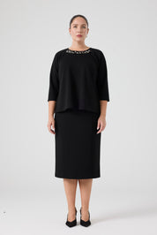 Yakası İşlemeli  Örme Etek Bluz Takım Siyah
