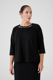 Yakası İşlemeli  Örme Etek Bluz Takım Siyah