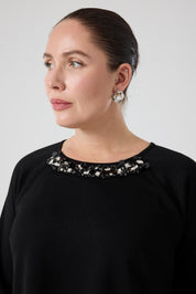 Yakası İşlemeli  Örme Etek Bluz Takım Siyah