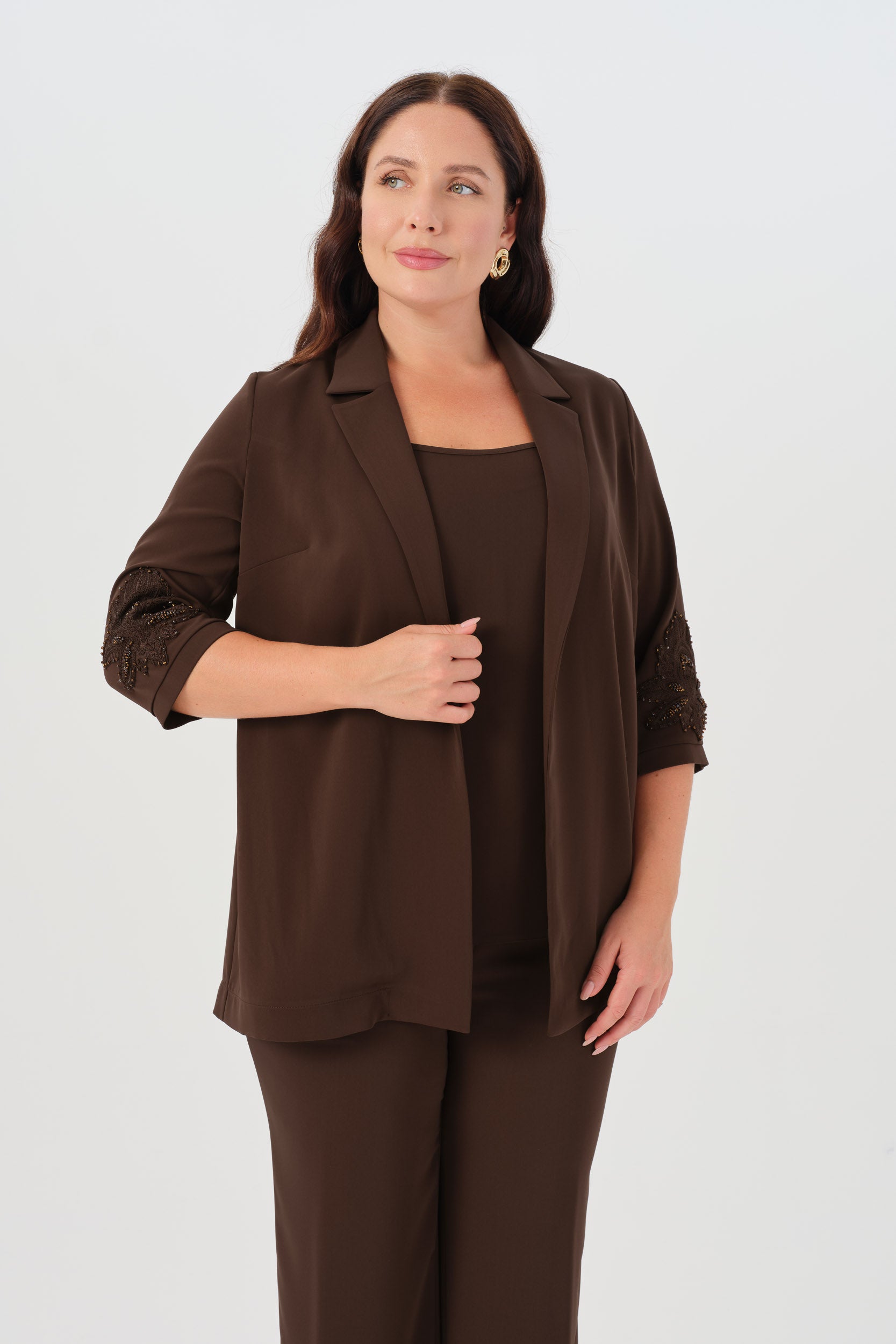 İşleme Detaylı Ceket Pantolon Üçlü Takım Kahverengi