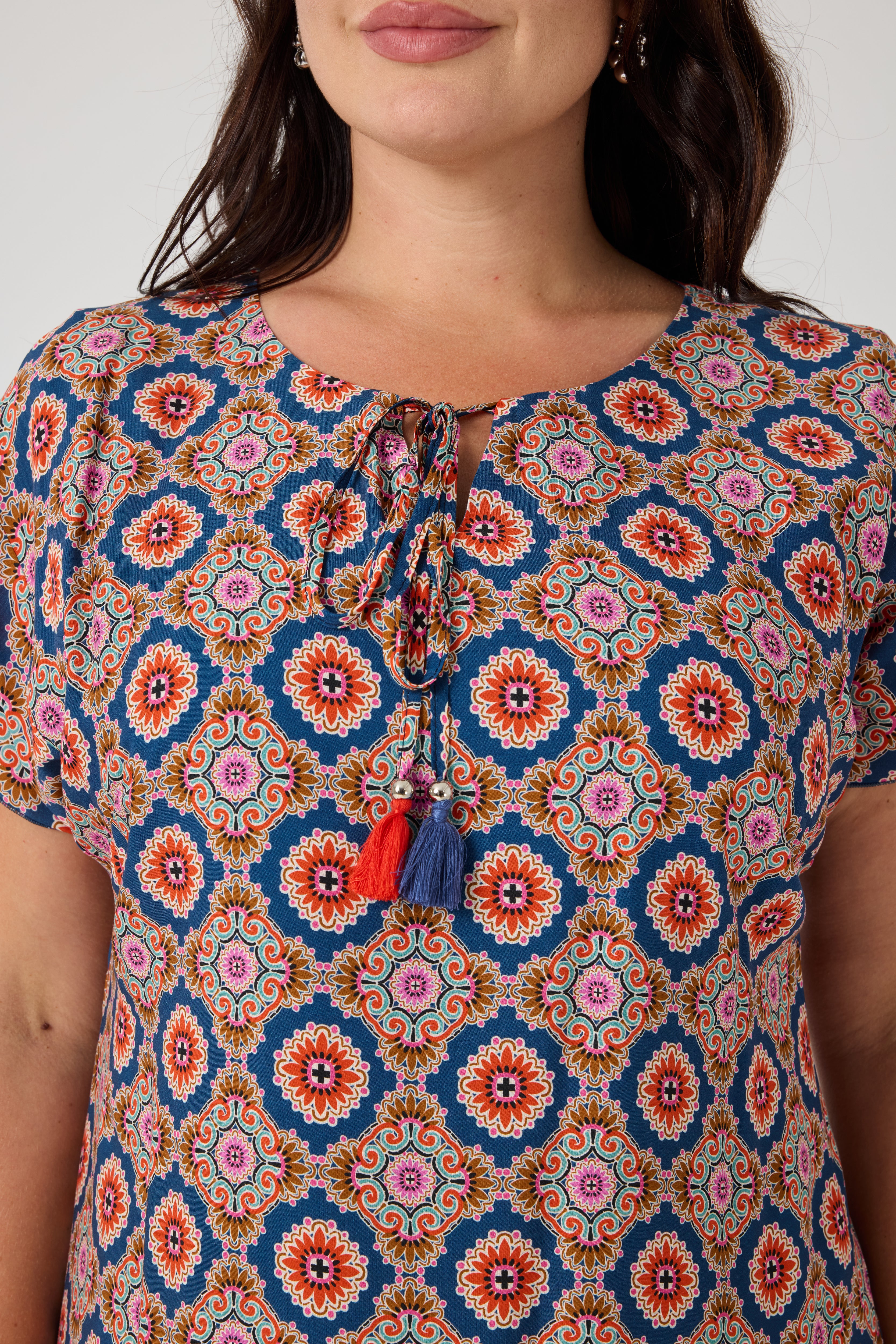 Desenli Viskon Elbise İndigo