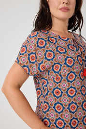 Desenli Viskon Elbise İndigo