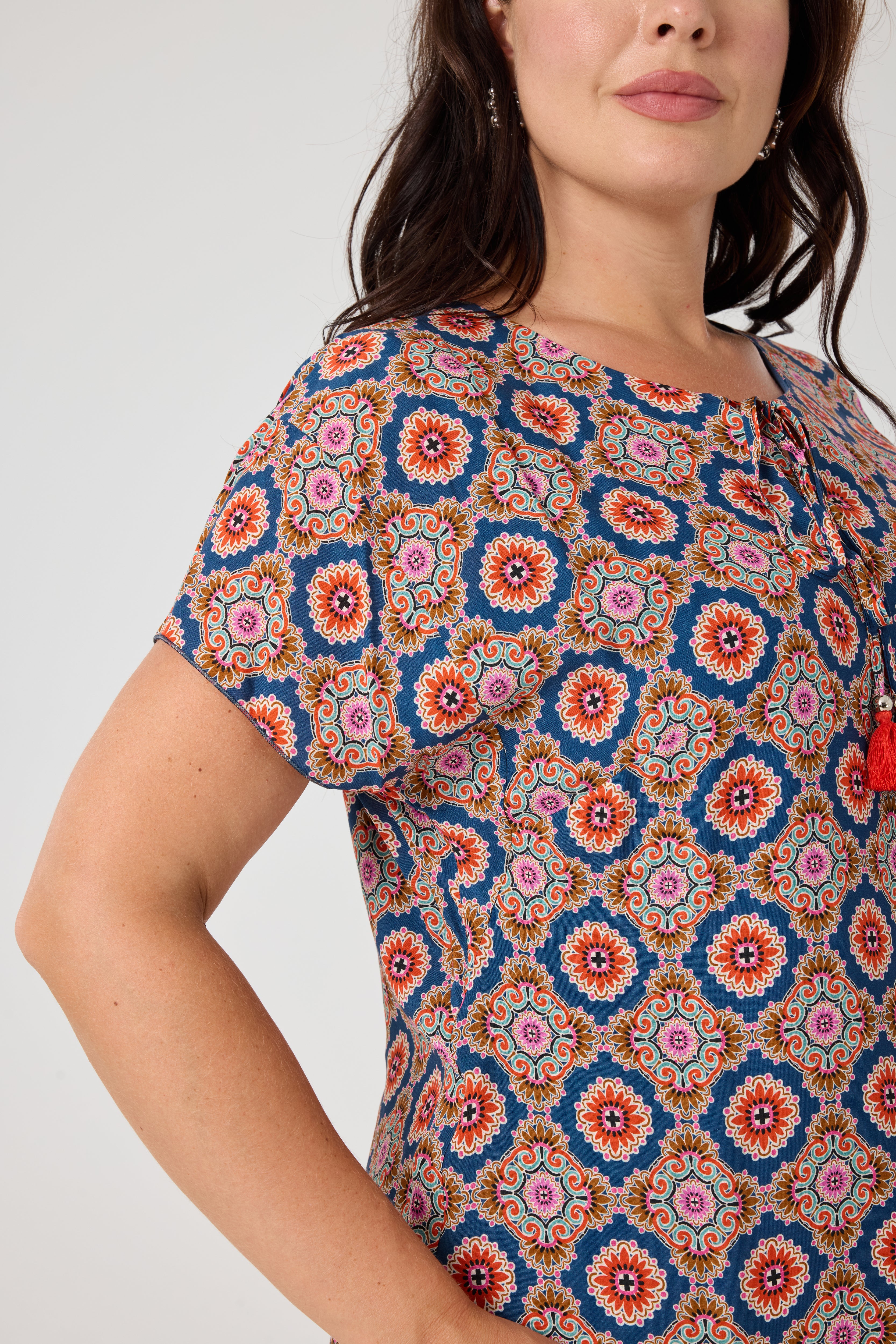 Desenli Viskon Elbise İndigo