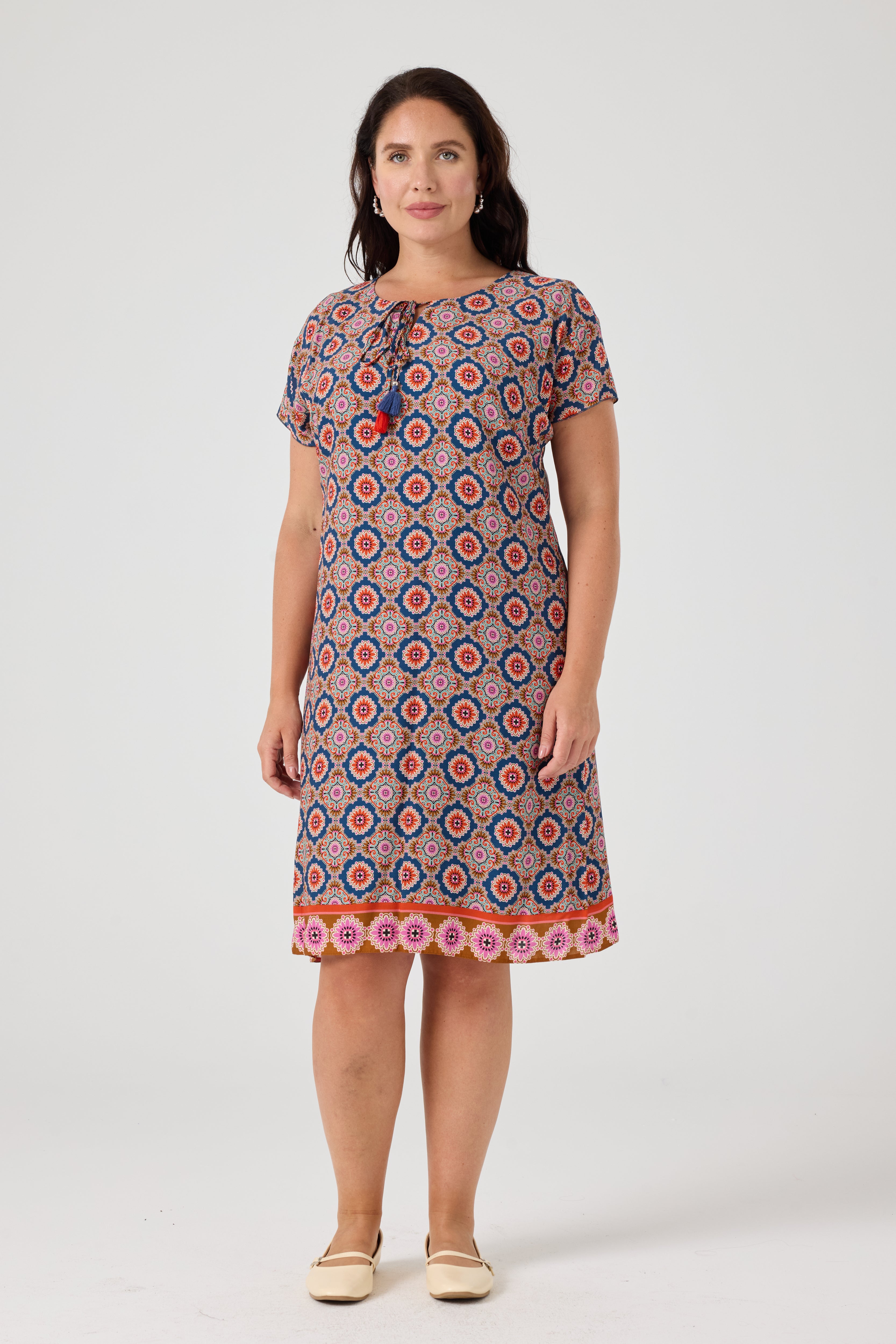 Desenli Viskon Elbise İndigo