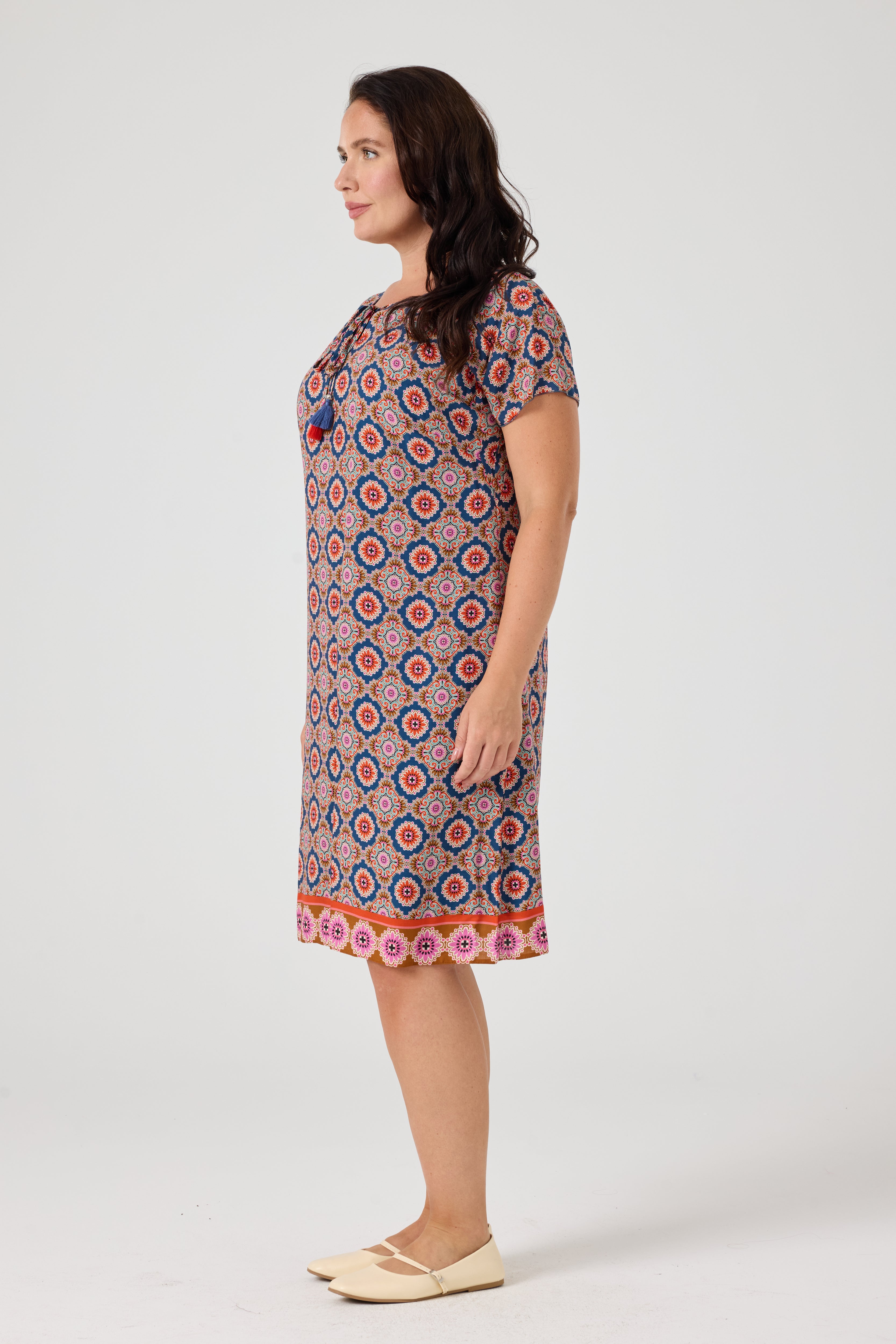 Desenli Viskon Elbise İndigo