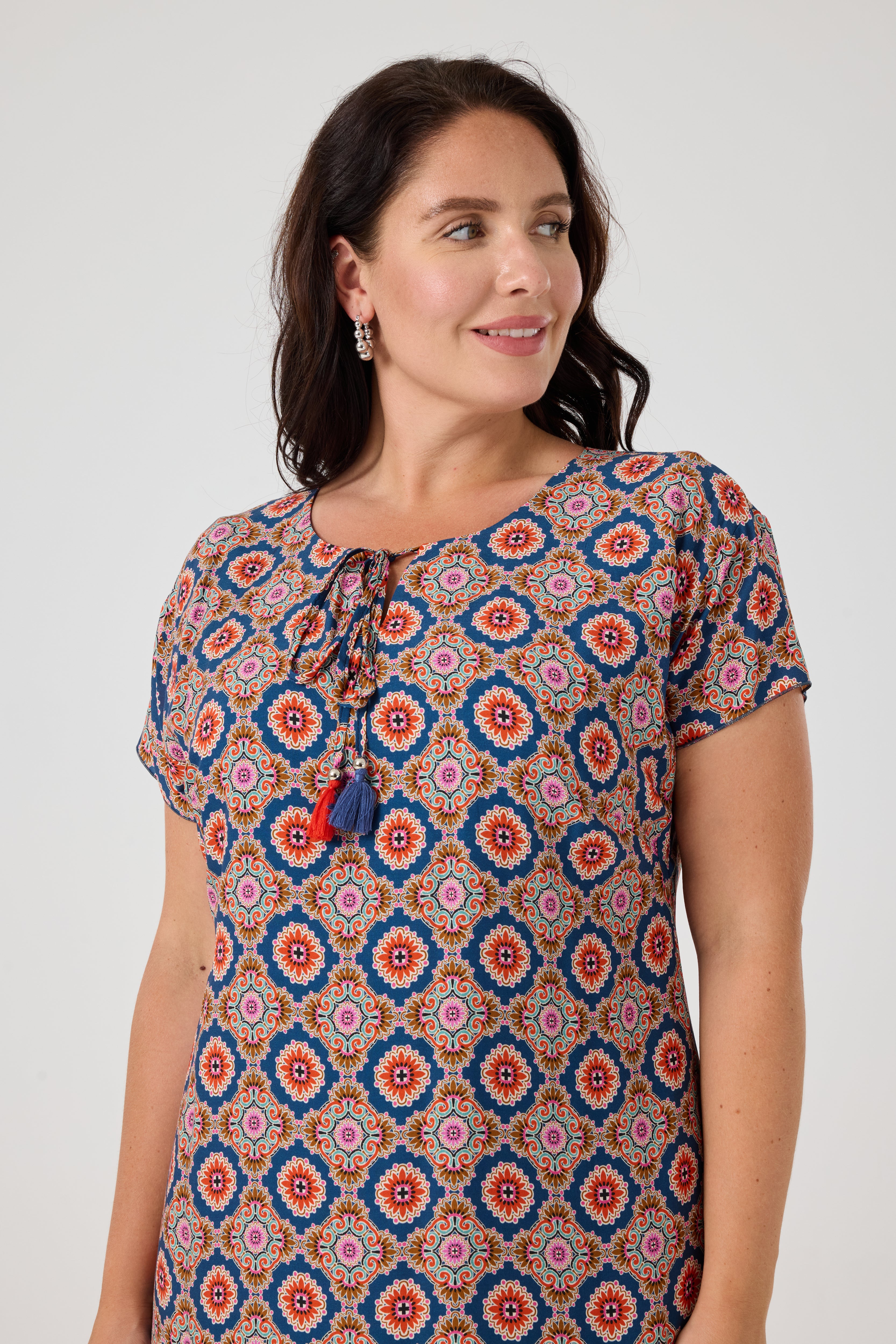 Desenli Viskon Elbise İndigo