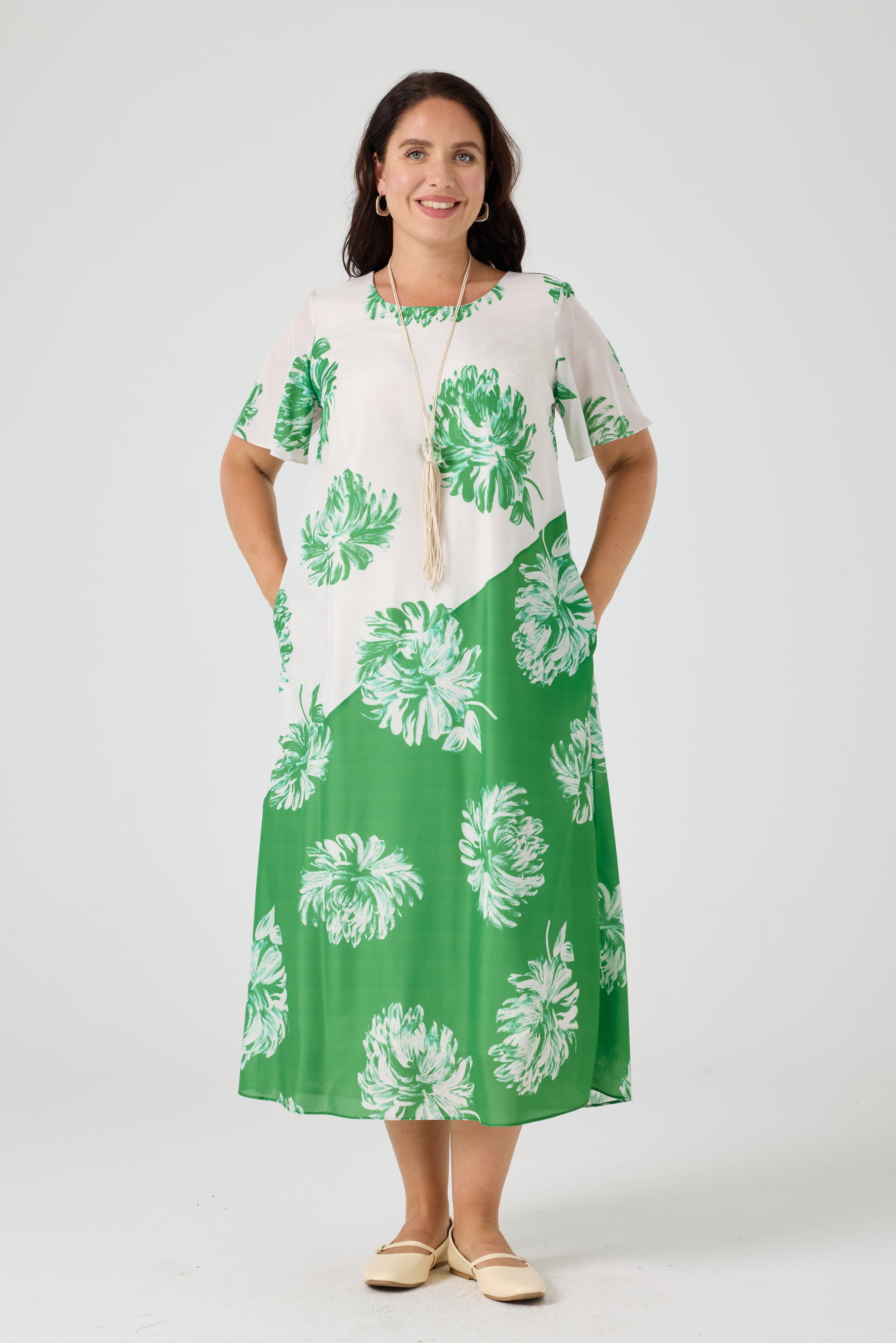 İki Renkli Rahat Koton Elbise Yeşil