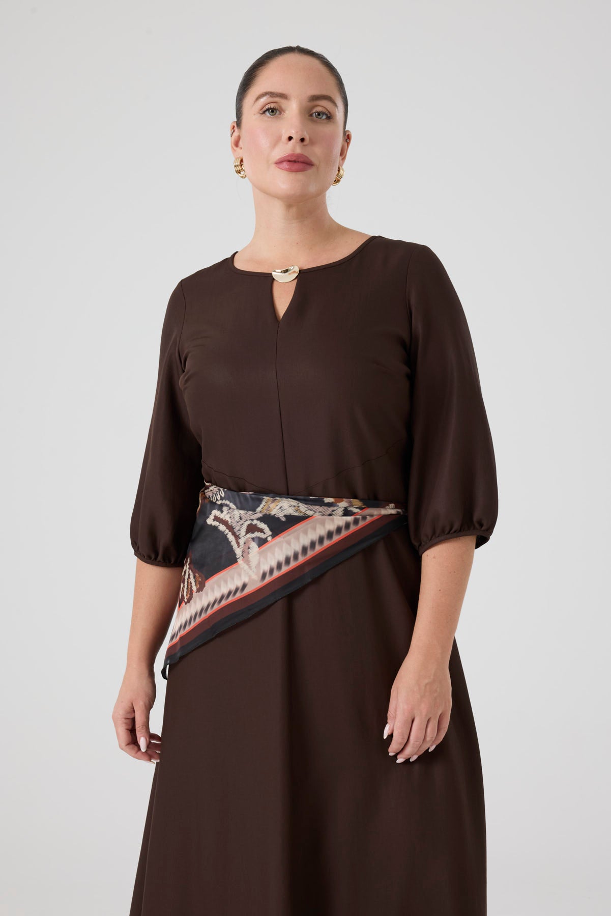 Fularlı Viskon Elbise Kahve