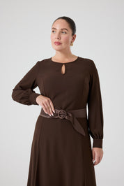 Saten Kemerli Kloş Elbise Kahve