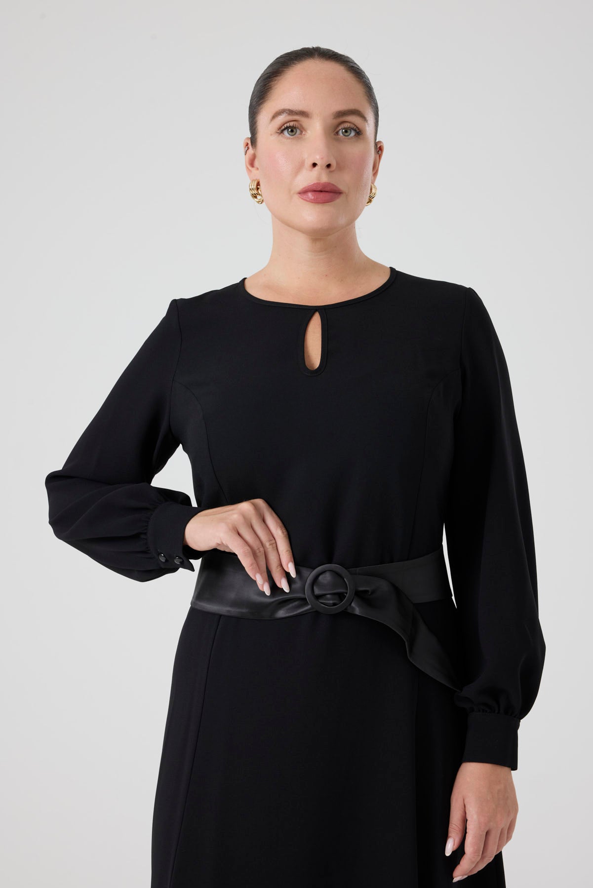 Saten Kemerli Kloş Elbise Siyah