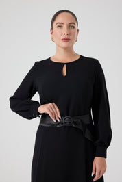 Saten Kemerli Kloş Elbise Siyah