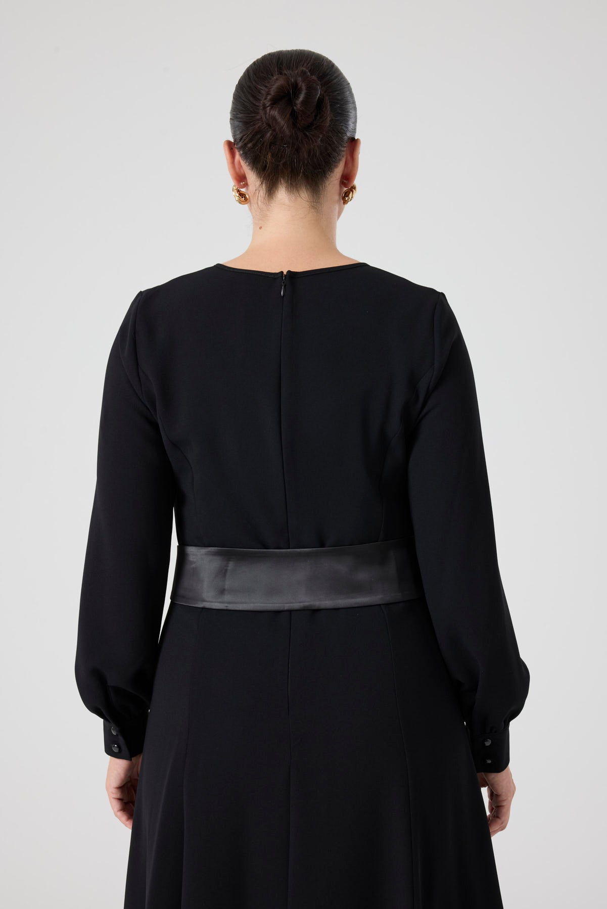 Saten Kemerli Kloş Elbise Siyah