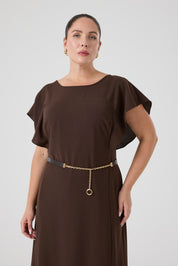 Kolları Volanlı Kemerli Elbise Kahve